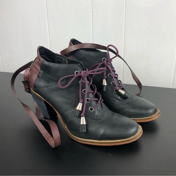 Anthropologie J Shoes Carson Black Mauve Leather Ankle Boots Sz 7.5 - Picture 4 of 14
